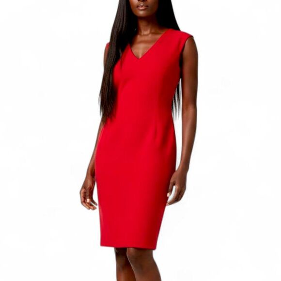 VTG Vintage 80s 90s Burns Red V-Neck Sleeveless Fitted Sheath Power Dress Sz 6 - Picture 1 of 12